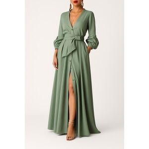 FKSP x Yoox Mahogany Sage Green Maxi Dress S Linen Blend Belted Long Sleeve‎ NWT